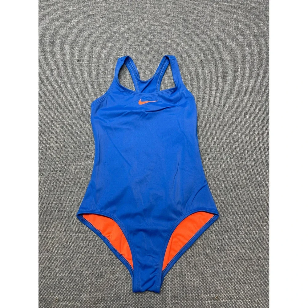 Nike Girls Blue Orange One Piece Swimsuit Racerback Keyhole Size 14 Large
